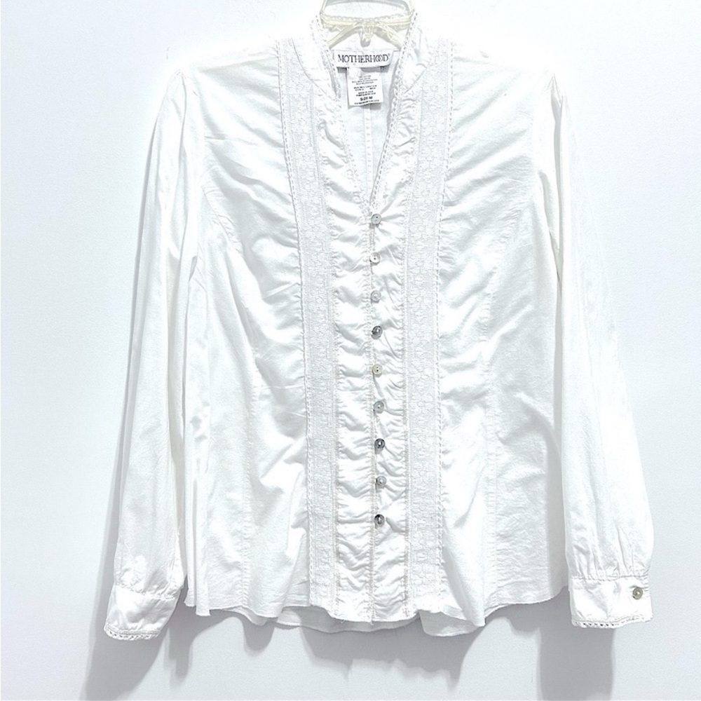 Motherhood Women’s White Poplin Lace Embroidered Button Down Shirt
